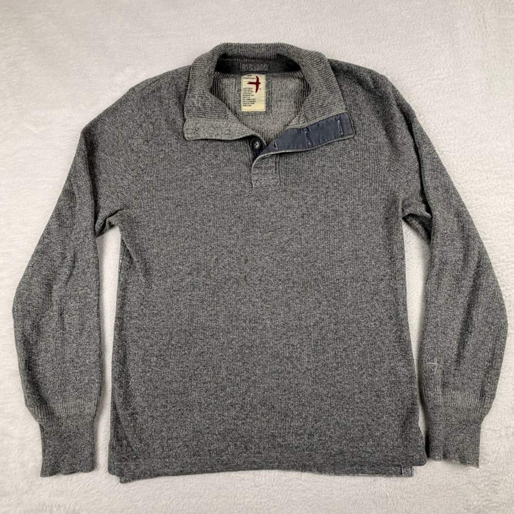 Relwen Mock Neck Sweater Mens Medium Grey Button Placket Marled Knit Logo